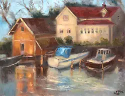 Buy Original Oil Painting Landscape Boats Sunset House Harbour Signed 21X17 Inch Art • 141.75£