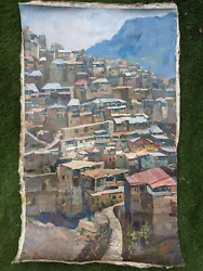 Buy Cityscape Houses Mountain Fabulous Large Vintage Unframed Oil Painting On Canvas • 222£