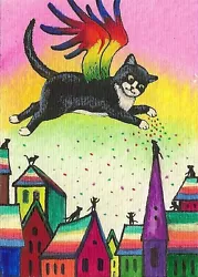 Buy ACEO PRINT OF PAINTING RYTA TUXEDO CAT ANGEL RAINBOW BRIDGE Heaven Folk Art 🌺 • 6.27£