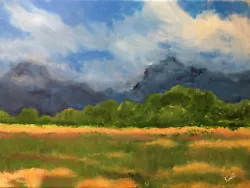 Buy Mountain & Meadow With Trees & Cloud Landscape Original 12x16 Acrylic Painting • 236.25£