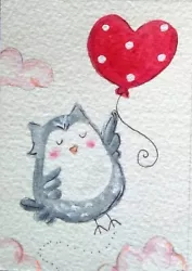 Buy Original Watercolor ACEO- Happy Owl Heart Balloon Clouds- Acquarello Gufo Cuore • 4.13£
