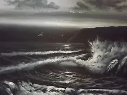 Buy Black White Large Oil Painting Canvas Seascape Ocean Sunset Sea Wave Original • 18.95£