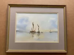 Buy ORIGINAL WATERCOLOUR BARGES IN THE MIST By N LINES FRAMED + GLASS • 45£