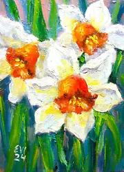 Buy Daffodils Flowers Original Oil Painting Wall Art Canvas Board 5x7 Inches • 35£