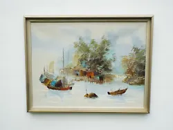 Buy Oriental River Boats Landscape Framed Vintage Oil Painting Beach House Nautical • 35£
