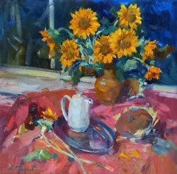 Buy Oil Painting Evening Sunflowers Still Life Ukrainian Painter Canvas Unframed • 748.12£