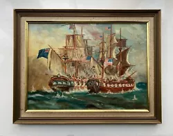 Buy Signed Original Vintage Retro Oil Painting USA & British Seascape Warship Scene • 61£