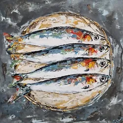 Buy Original Oil Painting Still Life Artwork Fish Sardines Food Kitchen Art Canvas • 79.50£