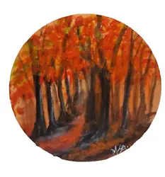 Buy Original Autumn Trees Painting, Hand Painted On Round Wooden Board 10 Cm • 9.77£