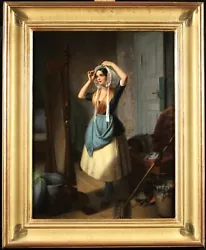 Buy Joseph Weber (1803-1881) Large Signed German Oil On Panel - Girl By A Mirror • 0.99£