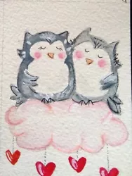 Buy Original Watercolor ACEO- Happy Owls Hearts Cloud Love- Acquarello Gufi Cuori  • 4.13£