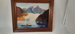 Buy Vintage Oil On Board, Scene Of Alaska Ferry And A Mountain Glacier, 1960s • 90.96£