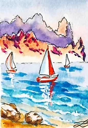 Buy ACEO Original Art Small Painting Hawaii Seascape Watercolor Sailboats • 5.79£