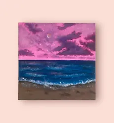Buy Original Acrylic Painting Sunset Seascape Landscape Wooden Board Moonlit Sky • 10£