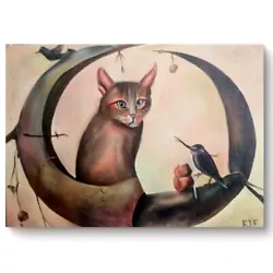 Buy ORIGINAL Painting Oil Contemporary Art Surreal Cat Vtg Moon Bird By Watts 5x7 • 37.21£