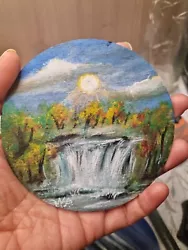 Buy Original Sunset Waterfall Painting, Hand Painted On Round Wooden Board 10 Cm • 9.77£