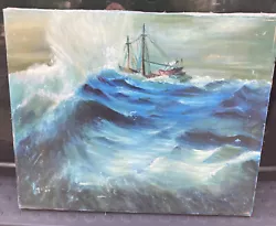 Buy Oil On Canvas Painting Seascape Ocean Ship Fishing Boat Rough Waves Sea Signed • 49.60£