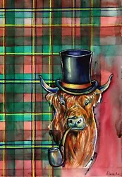 Buy Cow Mr Cow, Original Watercolour Painting, Cow Top Hat And Pipe, Tartan Inspired • 79.99£