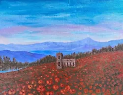 Buy Original Painting Church, Poppy Fields & Mountains • 18£