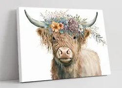 Buy Highland Cow With Flower Crown Home Decor Canvas Wall Artwork Picture Print • 64.99£