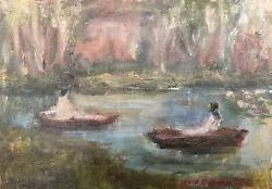 Buy Landscape, Lake, Boat, People. Original Oil Painting, Miniature. • 25£