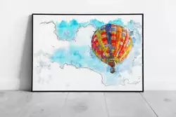 Buy Colourful Hot Air Balloon Mid-Flight In A Cloud Filled Sky Watercolour Painting • 6.43£