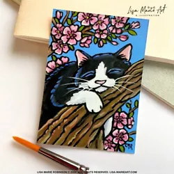Buy Original ACEO Painting Black White Cat Sakura Blossom Art By Lisa Marie Robinson • 8£