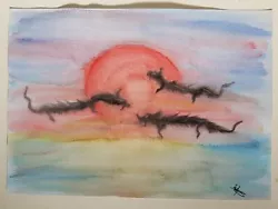 Buy Dragon Chinese Scene Sky Painting Original Signed Size A4 Watercolour Sunset • 14£