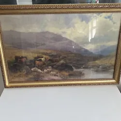 Buy Tom Rowden 1891 Painting 33x21inches Highland Cows Sheep On Mountain Countryside • 230£