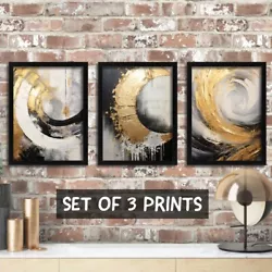 Buy Black And Gold Abstract Wall Paintings Set Of 3 Prints Gold Moon Art Wall Decor  • 45£