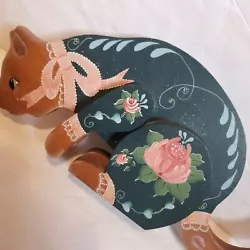 Buy Decorative Wood Cat Hand Painted Carved Green Kitty Dainty 15  X 6.75   • 6.40£
