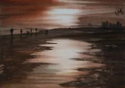 Buy ACEO Original Painting Seascape Beach People Dogs Sunset Town Art Watercolour • 6£