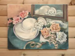 Buy Vintage Original Oil On Canvas Painting Pastel Pink Peach White Roses & Hat • 25£