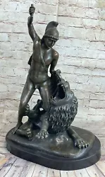 Buy Art Deco Roman Soldier Warrior Spartan Fighting Lion Bronze Sculpture Figure • 338.92£