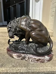 Buy Vintage Large Bronze Lion With Snake Sculpture, Signed Barye On Marble Base 41cm • 250£
