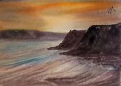 Buy ACEO Original Painting Seascape Art Beach Cliffs Waves Sunset Coast Watercolour • 6£