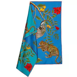 Buy Turquoise & Blue Silk Scarf With Elephant Leopard & Red Flowers - African Design • 387.40£