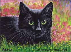 Buy ACEO ATC Original Black Cat Kitten Spring Is All Around Anne Marsh Feline Art • 29.99£