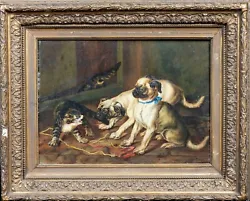 Buy 19th Century French School Pug Puppies & Tabby Cat Barn Scene Signed Painting • 3,200£