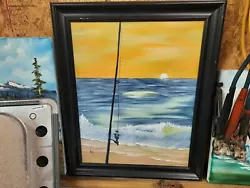 Buy 16 X 20 Landscape Painting, Surf Beach Fishing Pole With Frame - Bob Ross Style • 188.99£