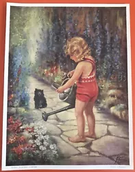 Buy Vintage Retro 50s Art Print Kent Cottrell Garden Flowers Child Girl Cat Picture • 10£