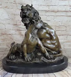 Buy Signed Barye African Lion W/ Family Bronze Sculpture Art Deco Marble Figure Art • 355.30£