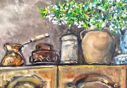 Buy Cherry Blossom Vase Old Jug Spring Kitchen Stil Life Oil Painting On Cardboard • 331.53£