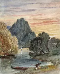 Buy BOATS ON MOUNTAIN RIVER Small Victorian Watercolour Painting 19TH CENTURY • 30£