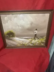 Buy Oil On Canvas Painting Of A Boy On The Beach Seaside Seafaring Seagulls Signed • 39£