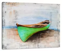Buy Yihui Arts Costal Canvas Wall Art - Green Boat Oil Painting - Modern Abstract... • 100.22£
