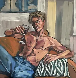 Buy Male Nude Oil Painting, Young Naked Man Drinking, Gay Erotic Artwork 60x60x1cm • 650£