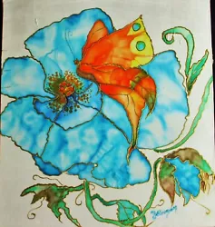 Buy Silk Painting Of Blue Poppies,Butterfly,original Handpainted,unframed,new • 15£