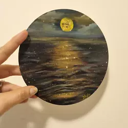 Buy Original On Round Wooden Board,moonlite Seascape Painting, Home Decor On 15 Cm • 17.77£