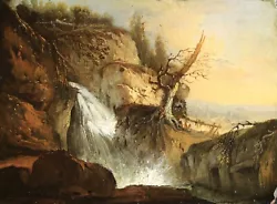 Buy 18th CENTURY ITALIAN OLD MASTER OIL ON PANEL - WATERFALL IN HILLS AT SUNSET • 155£